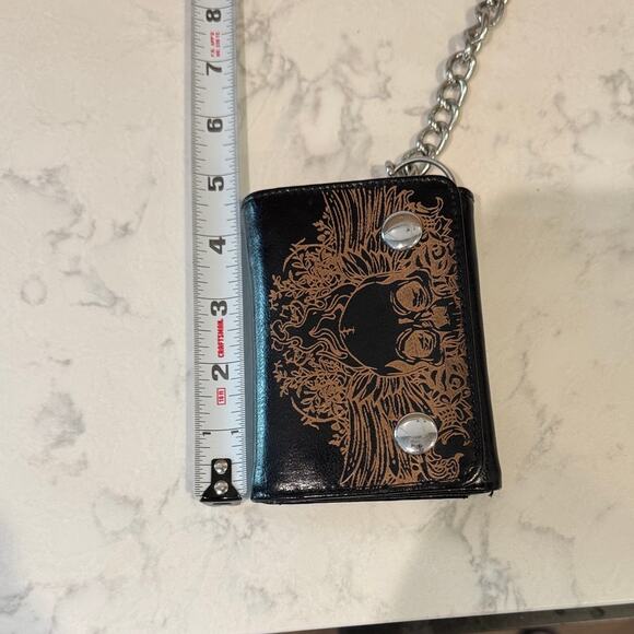 Vintage 90s black leather trifold biker chain wallet skull design goth grunge - Picture 11 of 11